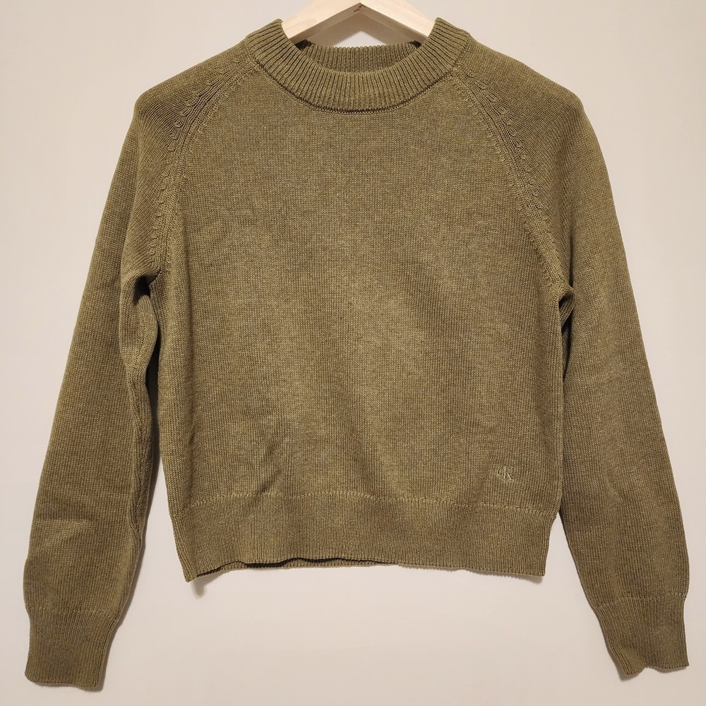 Calvin Klein Crewneck Raglan Long Sleeve Knit Sweater Olive Green Size Medium